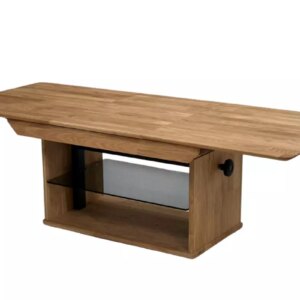 Laajennettava sohvapöytä säädettävällä korkeudella ja lasihyllyllä