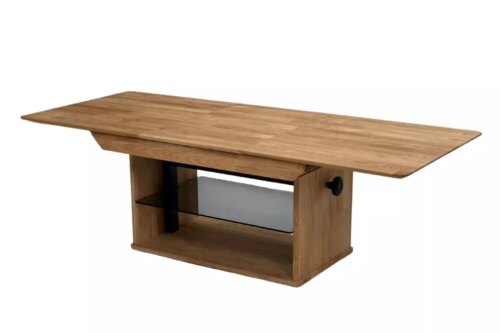 Laajennettava sohvapöytä säädettävällä korkeudella ja lasihyllyllä