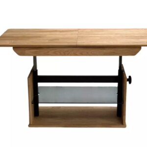 Laajennettava sohvapöytä säädettävällä korkeudella ja lasihyllyllä