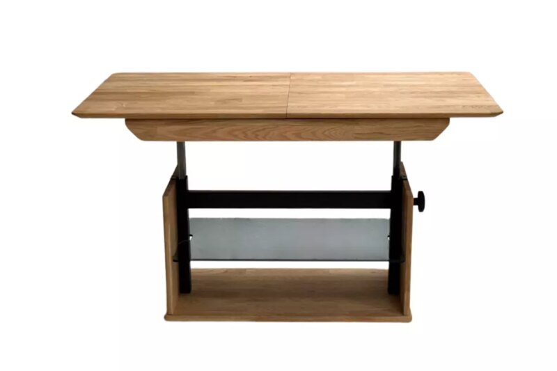 Laajennettava sohvapöytä säädettävällä korkeudella ja lasihyllyllä