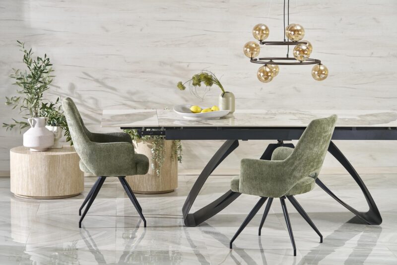 Laajennettava ruokapöytä HILARA, valkoinen marmori / musta