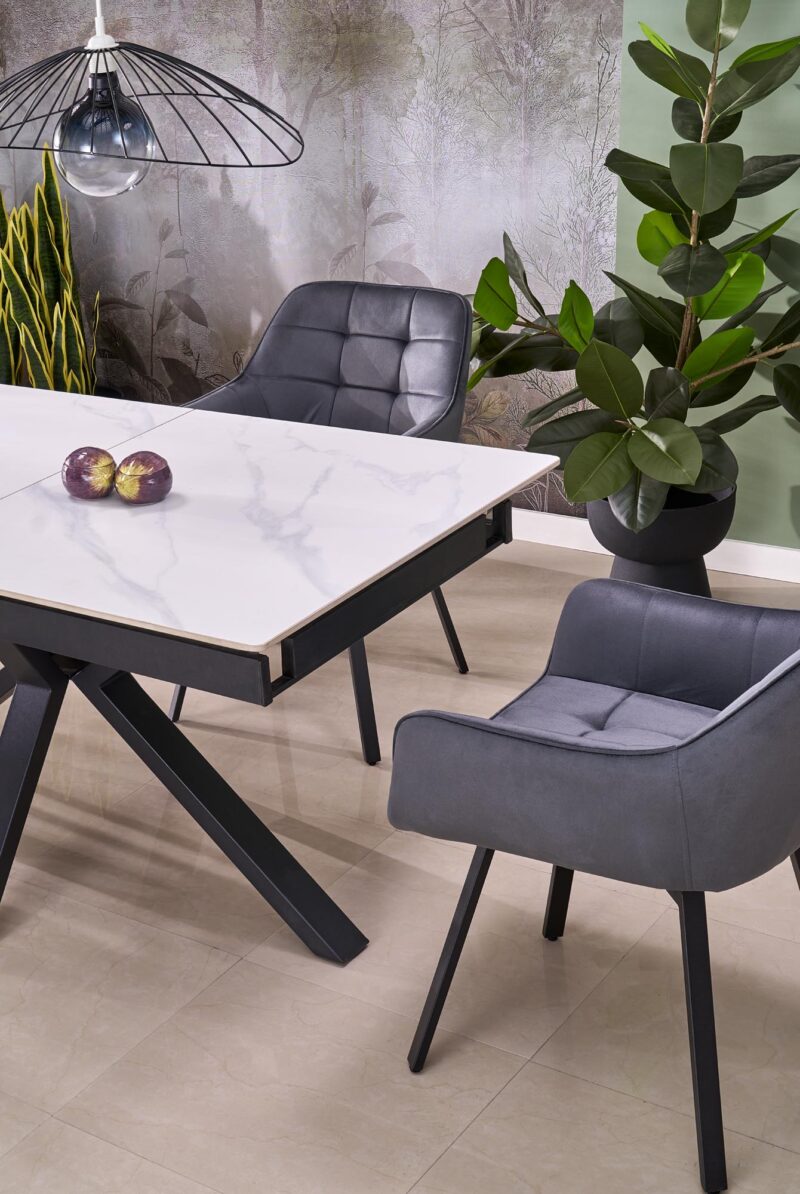 Pidentävä ruokapöytä PLAVEN, valkoinen marmori / musta