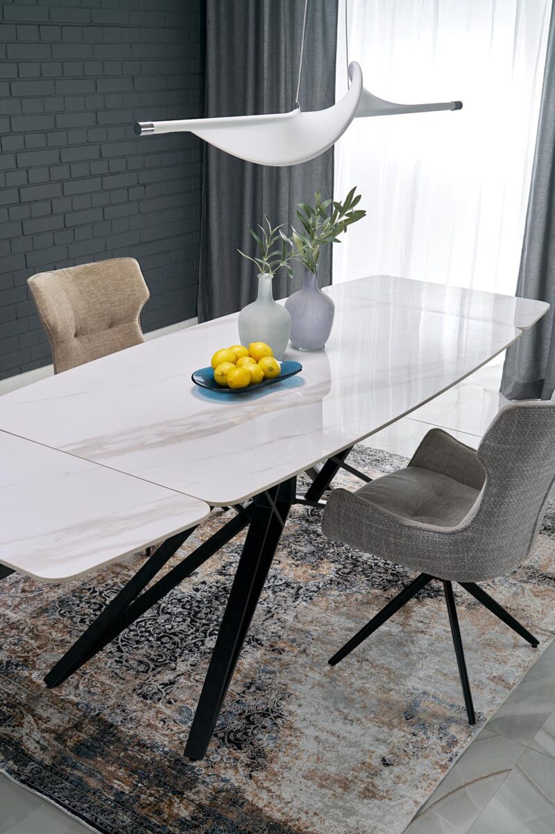 Pidentävä Ruokapöytä ALFERO, valkoinen marmori / musta