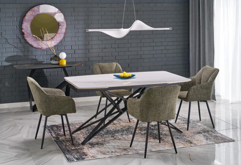 Pidentävä Ruokapöytä ALFERO, valkoinen marmori / musta