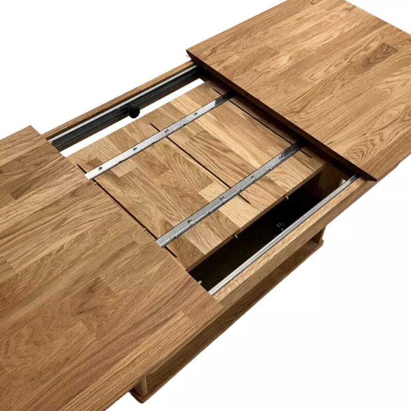 Laajennettava sohvapöytä säädettävällä korkeudella ja lasihyllyllä