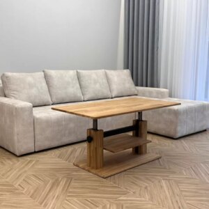 Pidennettävä puinen sohvapöytä hyllyllä