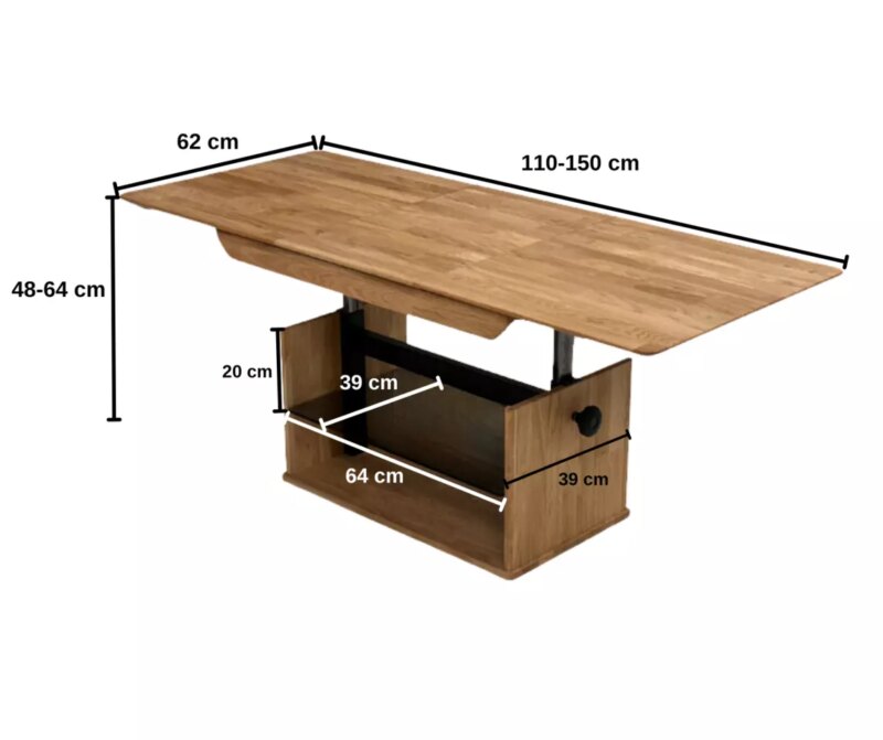 Laajennettava sohvapöytä säädettävällä korkeudella ja lasihyllyllä