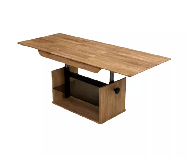 Laajennettava sohvapöytä säädettävällä korkeudella ja lasihyllyllä