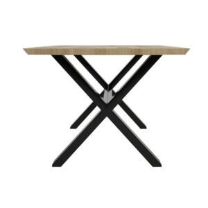 Tamminen ja metallinen ruokapöytä ristijaloin