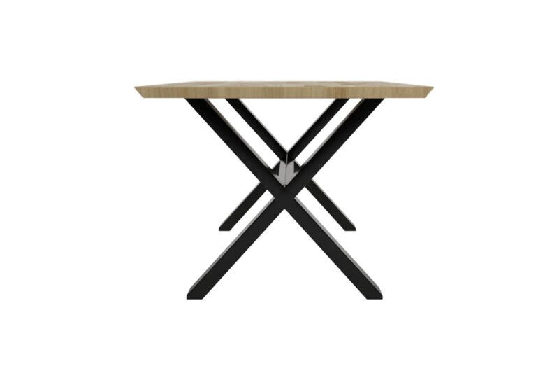 Tamminen ja metallinen ruokapöytä ristijaloin