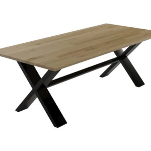 Tamminen ja metallinen ruokapöytä ristijaloin