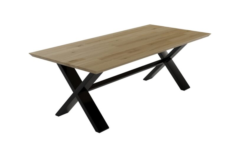 Tamminen ja metallinen ruokapöytä ristijaloin