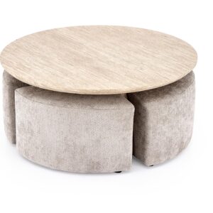 NUGAT sohvapöytä pouffeilla, pöytä: travertiini, pouf: vaaleanharmaa