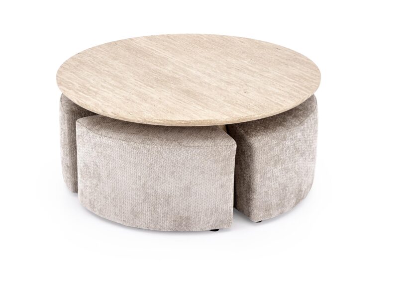 NUGAT sohvapöytä pouffeilla, pöytä: travertiini, pouf: vaaleanharmaa